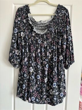 Lane Bryant Black Floral Smocked-off shoulder Tunic